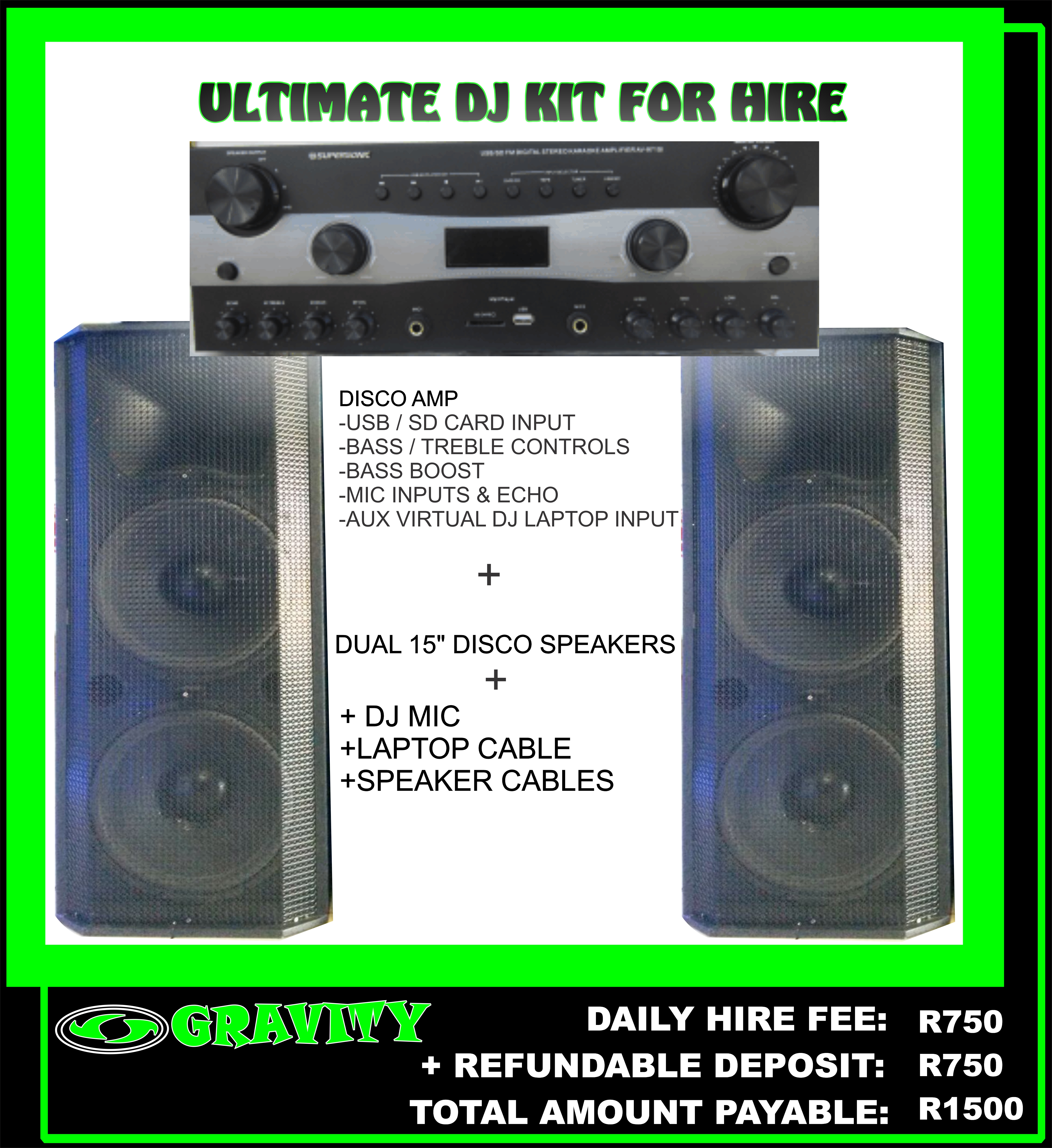 THE ULTIMATE DJ COMBO SOUND SYSTEM FOR HIRE  PLUG & PLAY SYSTEM  >DISCO AMPLIFIER   -700W   -USB & SD CARD INPUTS   -AUX VIRTUAL DJ LAPTOP INPUT   -MIC INPUTS & ECHO   -BASS BOOST  + DUAL 15